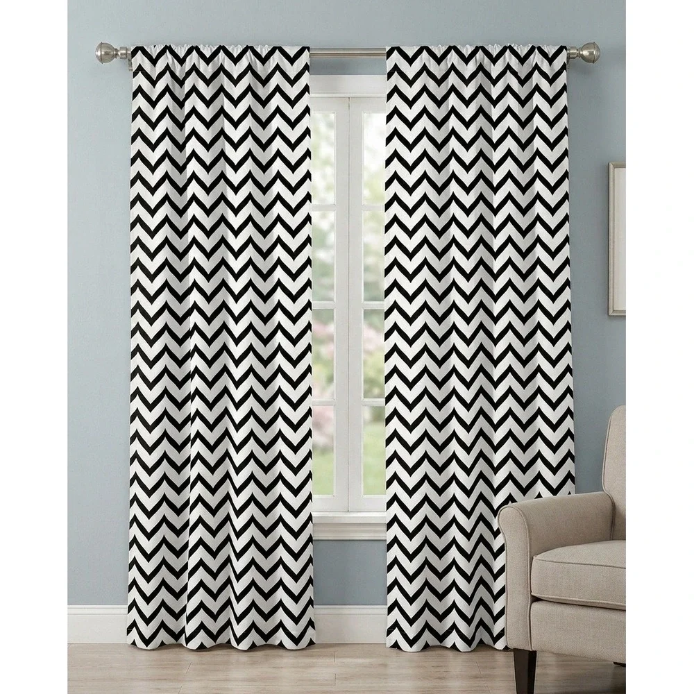 Ambesonne Black White Chevron Window Curtains 2 Panel Set 56x95 Rod Pocket NEW